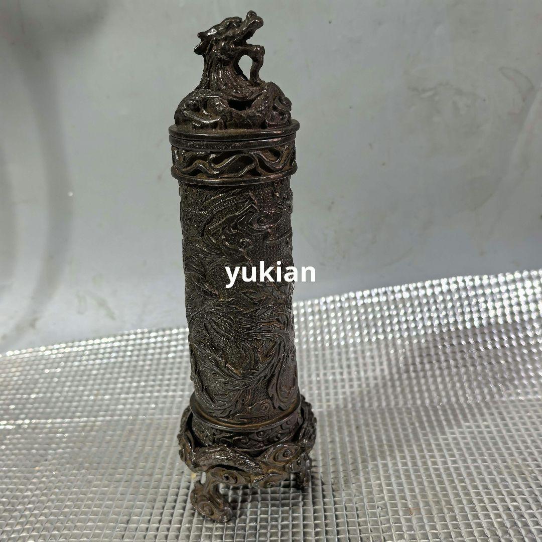 銅器 龍鳳竜柱香炉 香筒 薫炉 置物 香挿 装飾品 工芸品 美術品