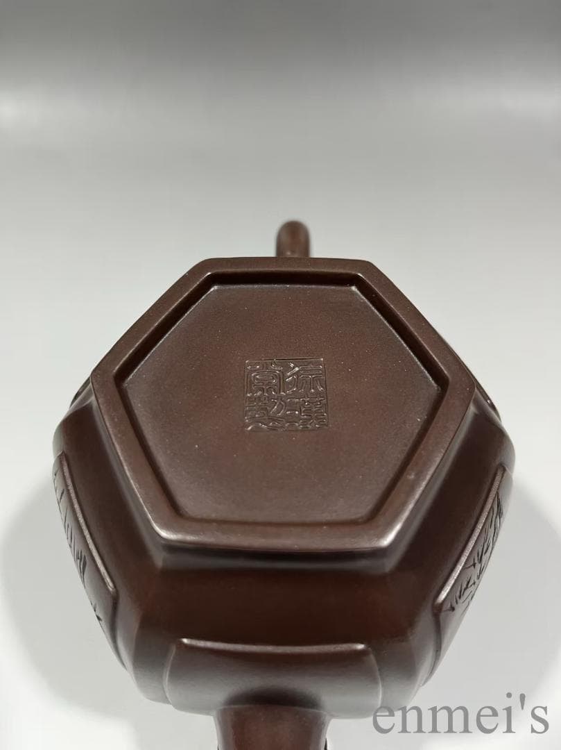 中国古美術 紫砂壺 六方壺 梅蘭竹菊刻紋 底款:徐漢棠 原鉱紫泥 茶壺 煎茶道具