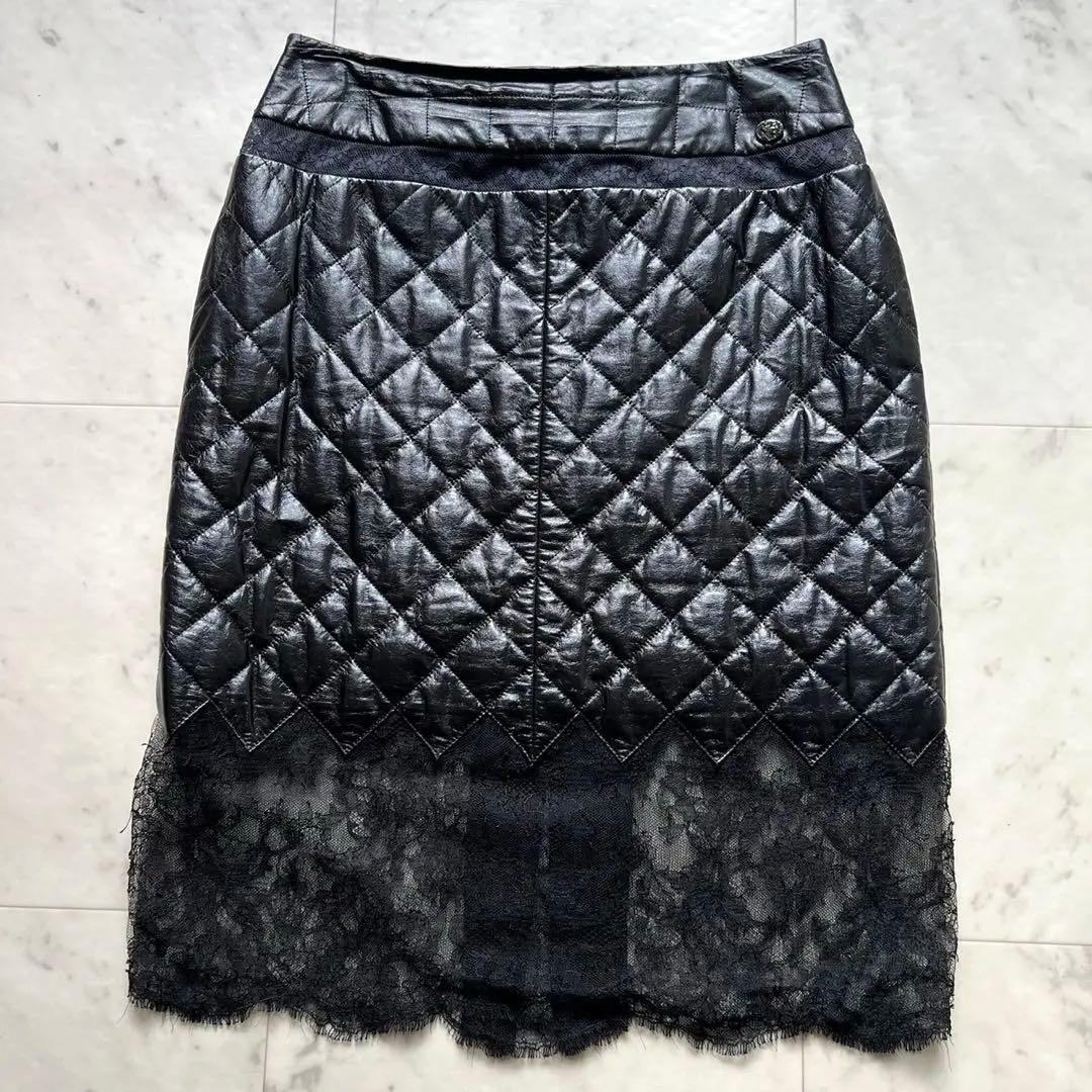 CHANEL 本革レザー マトラッセ 裾レース スカート ブラック 38