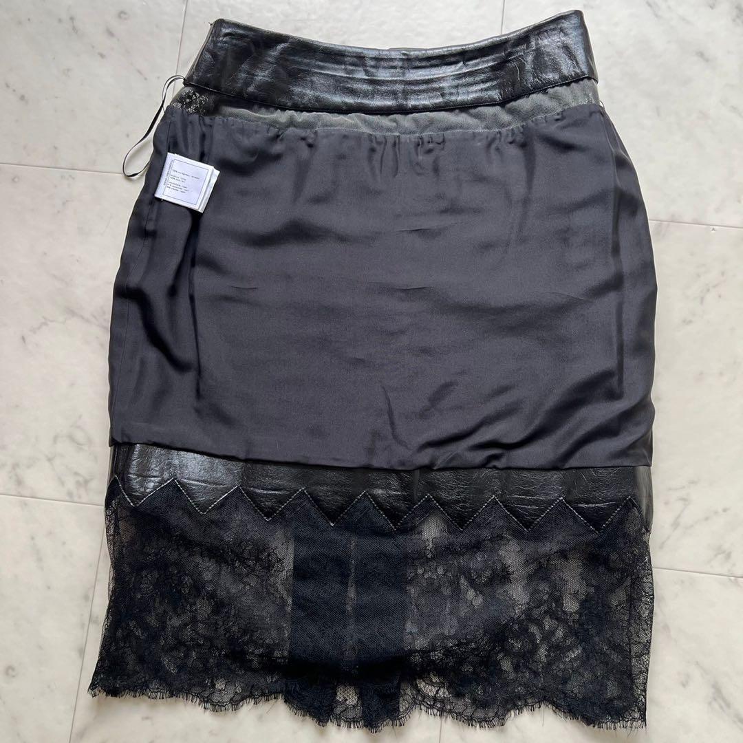 CHANEL 本革レザー マトラッセ 裾レース スカート ブラック 38