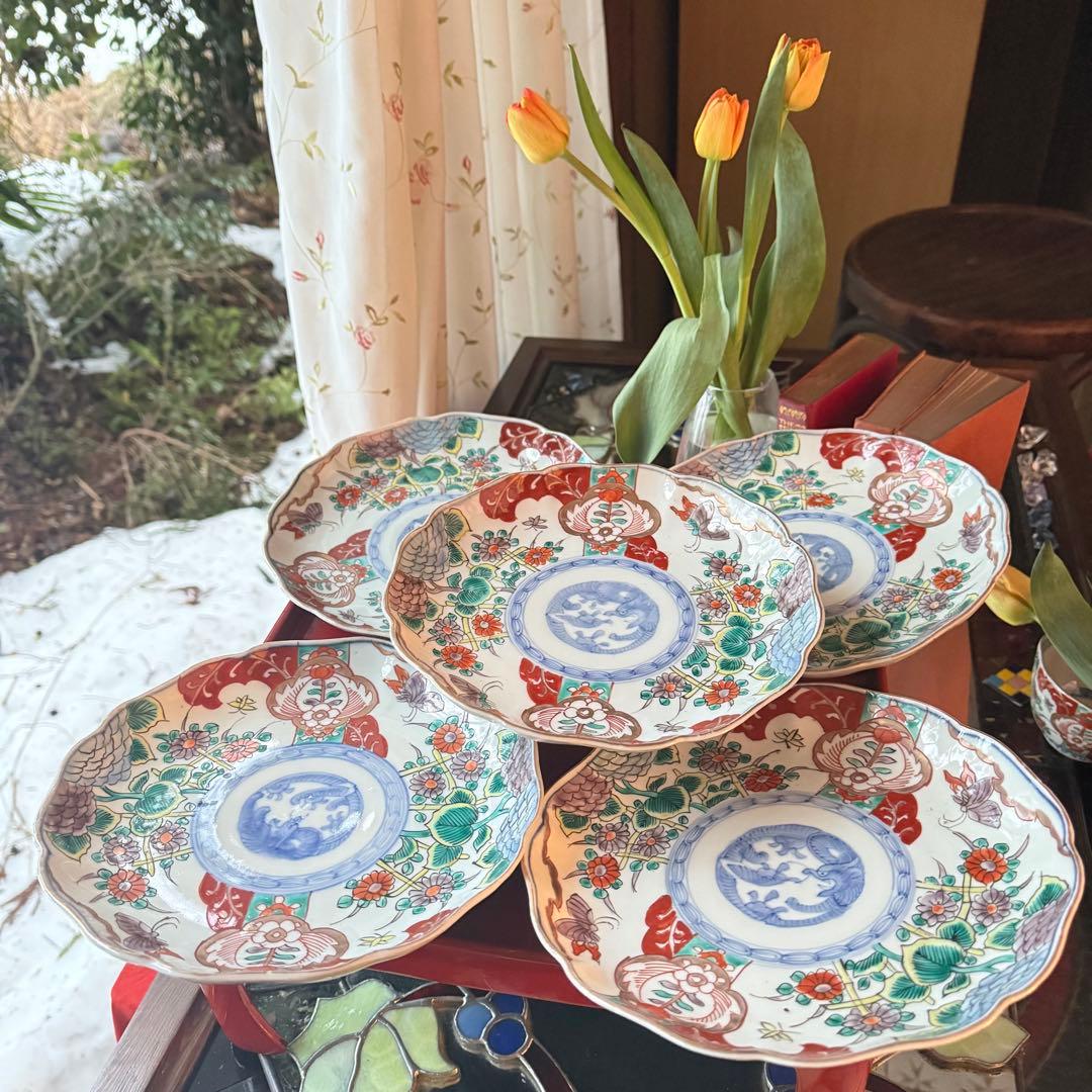 Aさまに感謝お嫁入り‼️渾身伊万里錦手　Dragon❌あじさい桐に蝶蜂菊7寸皿2客