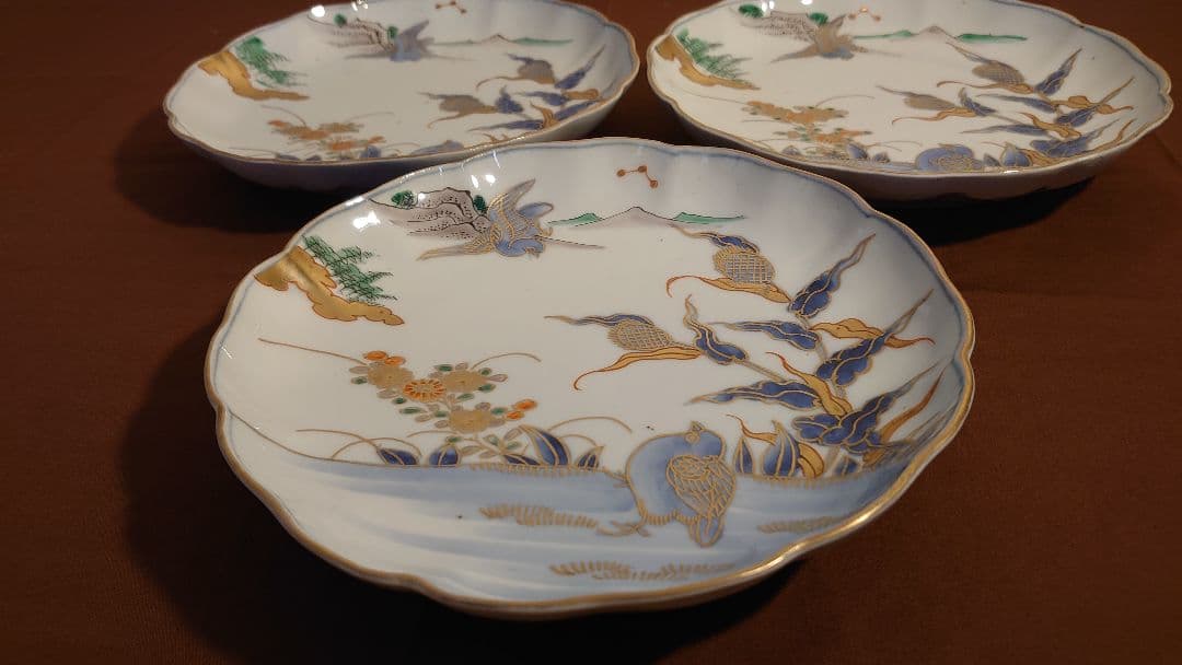 古伊万里　伊万里　色絵　金襴手　中皿　菓子皿　鳥の図　蔵出し　３客