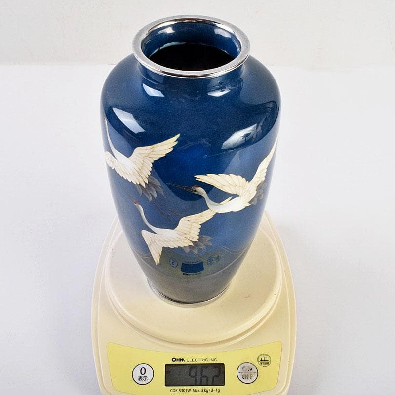 七宝焼　粂野締太郎造　鶴文　花瓶　共箱　M　R9266