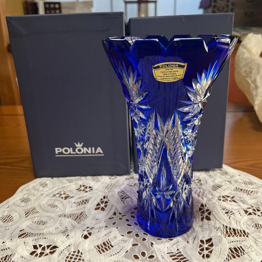 POLONIA カットガラス 花瓶 青　箱つき
