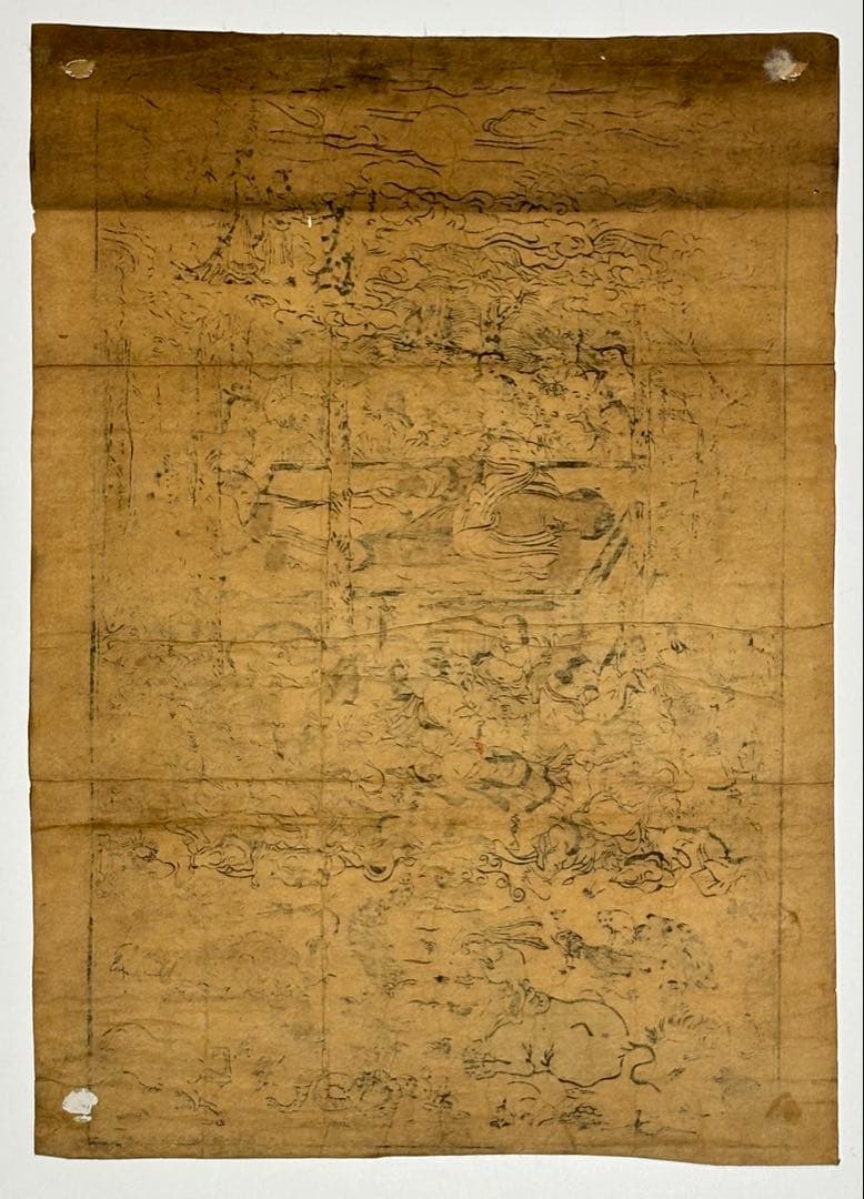 「丹緑彩色木版 釈迦涅槃図」江戸時代刊 木版画 1枚|仏教美術 仏像 和本