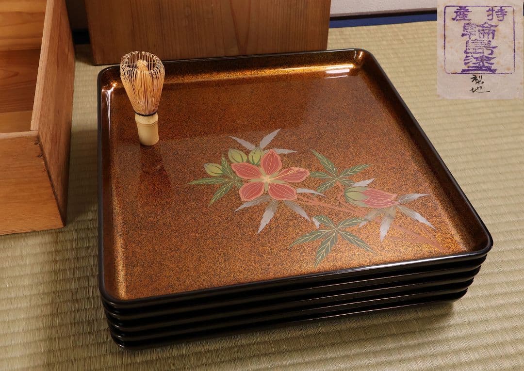 輪島塗 木製 花の蒔絵 梨地 四方膳 五客 芙蓉 木槿 卓上 茶懐石【CM187