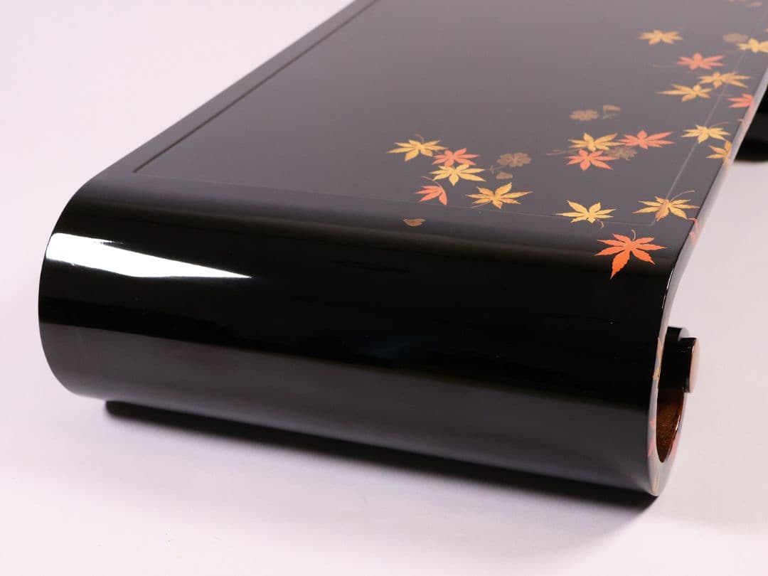 漆芸 紅葉桜 波千鳥 蒔絵 巻足 平卓 花台 黒塗 梨地 木製 楓【MA939】