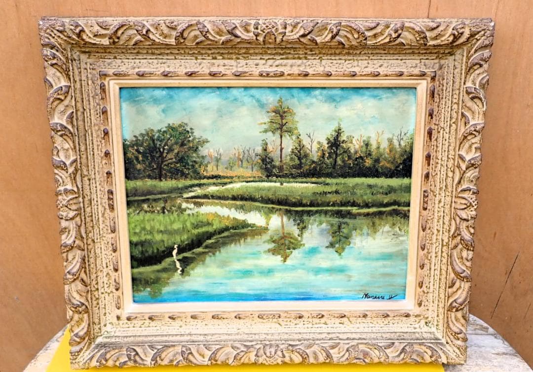 Mariani W サイン入り 油彩 風景画 水辺の森 額装付き ヨーロッパ風景