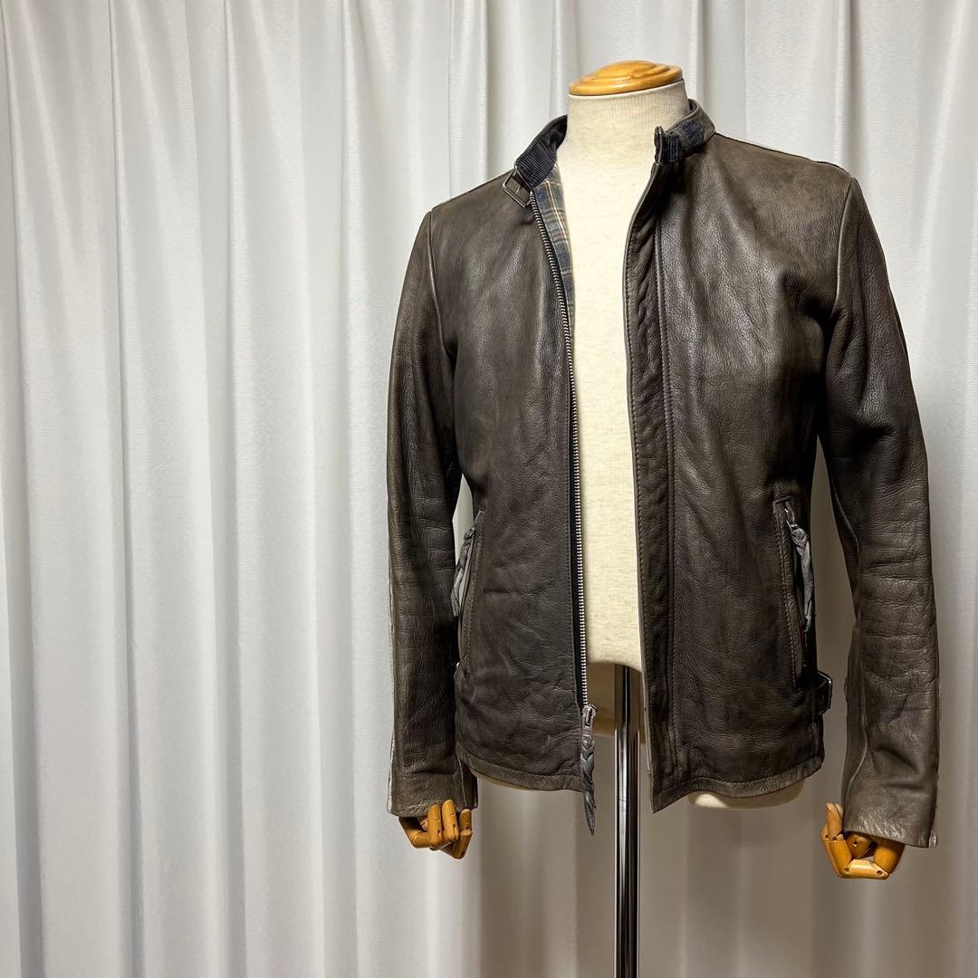 Schottクラッシックレーサー　シングルライダース　カーキ　袖白2本線　牛革S