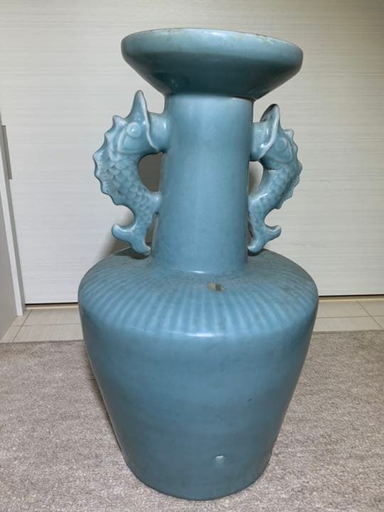 中国古美術/南宋青釉雙魚龍耳花瓶/倉庫整理品