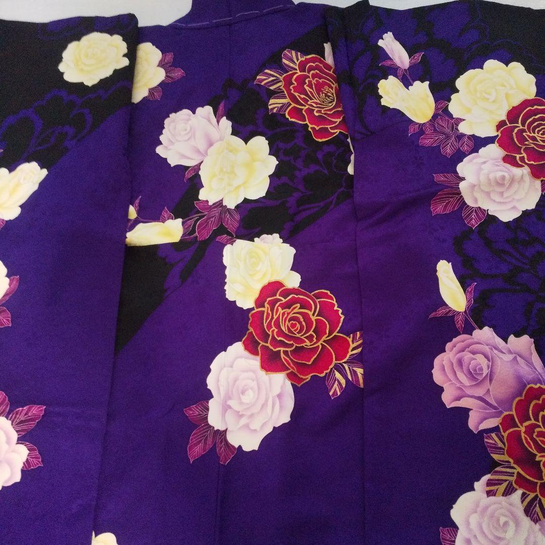 まいちー 紫黒薔薇正絹振袖一式フルセット袋帯帯締め帯揚げ 半襟重ね襟成人式