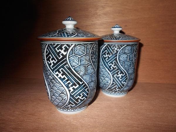 京焼　清水焼　捻彫小紋　湯呑　平安　光泉　:　夫婦湯呑　組湯呑　蓋付湯呑