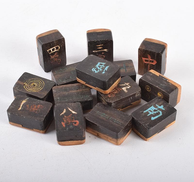 eyeknow74　中国　竹嵌縞黒檀牌背竹牌麻雀牌皮ケース付　M　8695