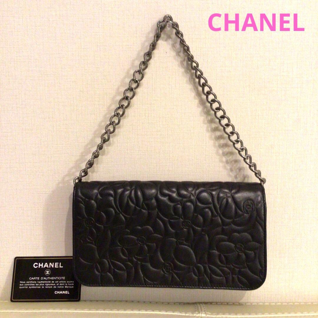 シャネル　カメリア　パーティーバッグ　チェーンウォレット　黒　アクセサリーポーチ