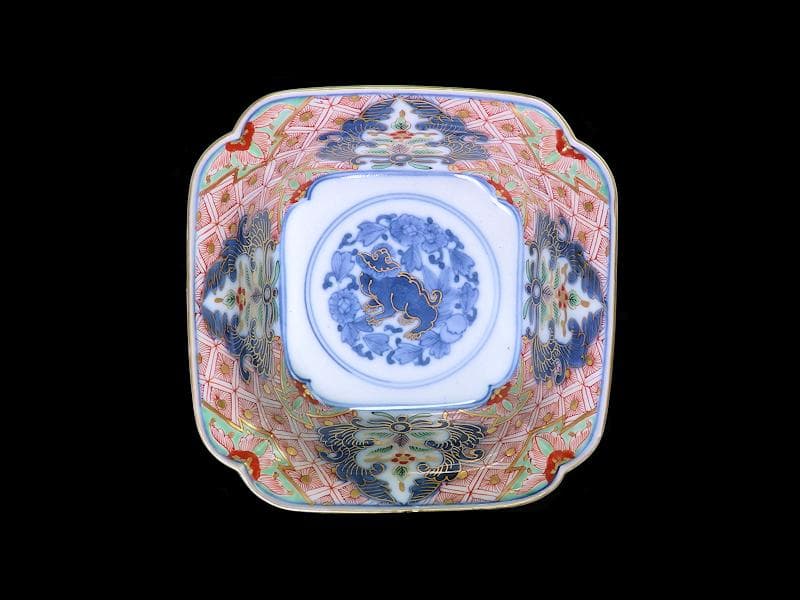 大聖寺古伊万里　菊花四方襷紋に獅子の図　四方角向付　E508AS-CRw