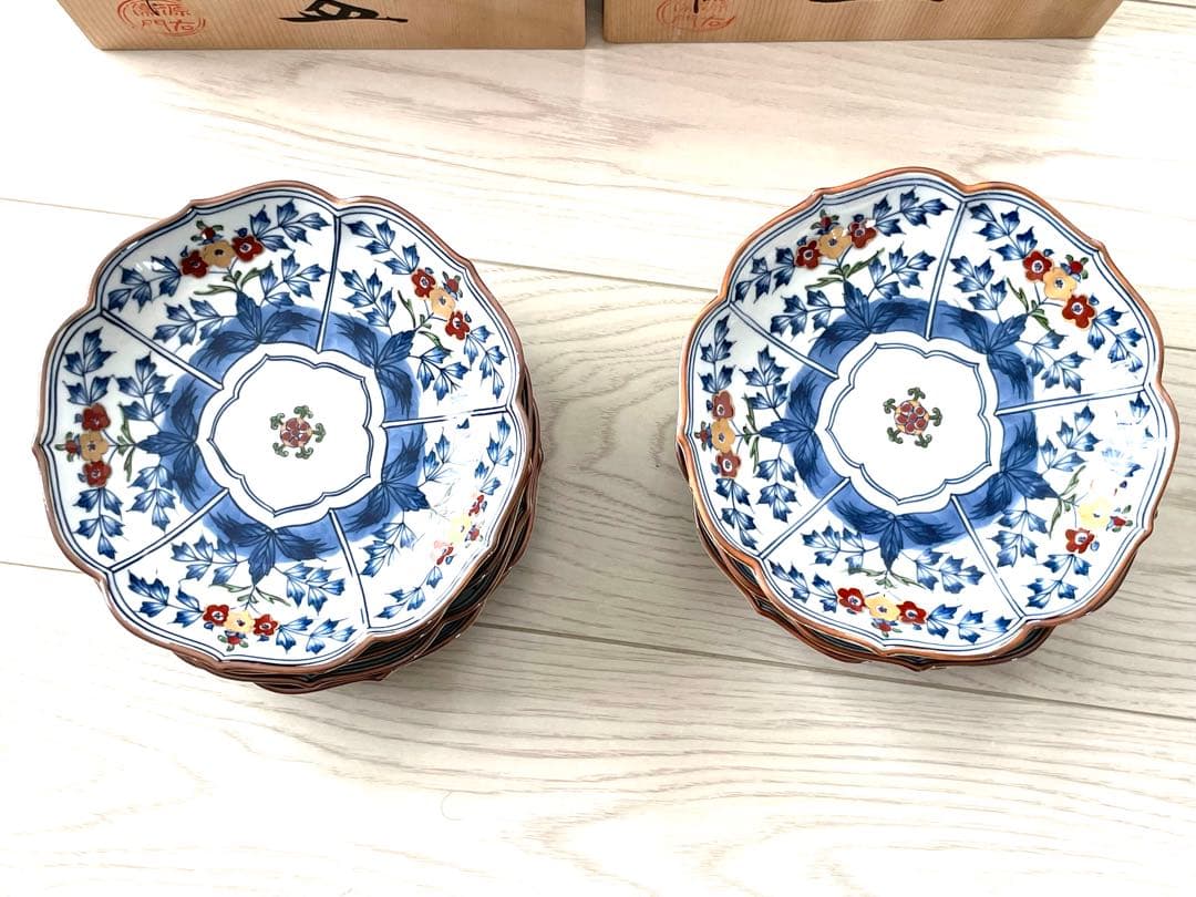 源右衛門 染錦草花文 和菓子皿 是米木窯 10客　染付　共箱