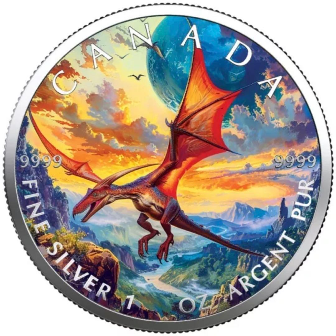 100枚限定！ メイプルリーフ 銀貨 カラー 翼竜 プテラノドン 恐竜 1オンス