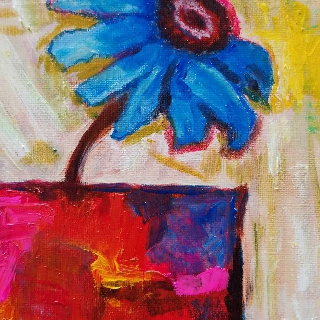 油絵　よっこ　ふたつのうつわと青い花