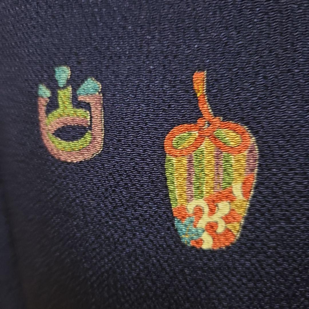 古代ちりめん小紋　紺地　茶道具飛び柄　6611