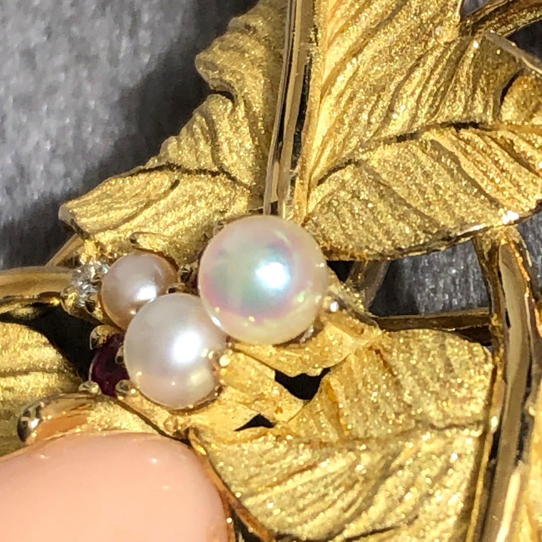 綺麗！★ 金無垢 K18 15.3g 珊瑚 パール ダイヤ ルビー ブローチ