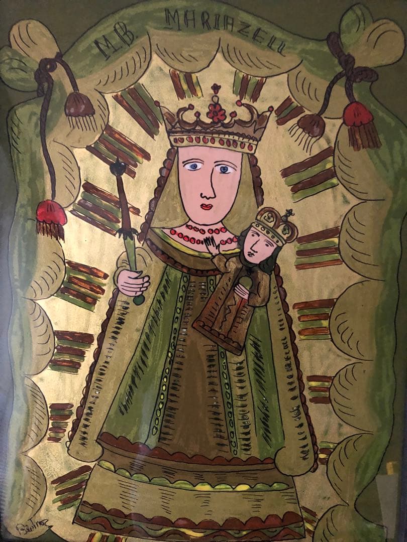 ルーマニア　ガラスイコン　聖母子像　アンティーク　宗教画　キリスト教