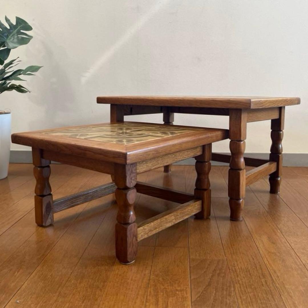 ヴィンテージ　ルーマニア　タイルトップ　ネストテーブル　オーク　サイドテーブル