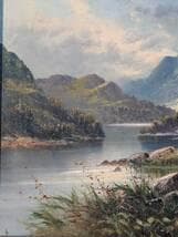 【真作】絵画　油彩　白樺と湖畔の静寂　クラシカル油絵　山光映える渓谷　Y14