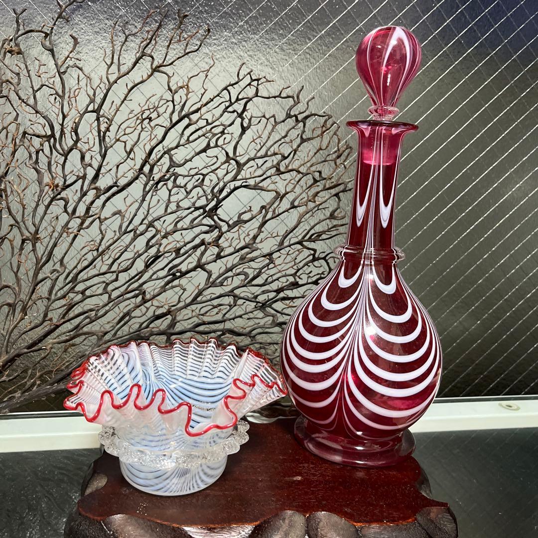 骨董　時代ガラス　希少　金赤ガラス　掻き揚げ紋　カラフェ　酒器　ウランガラス