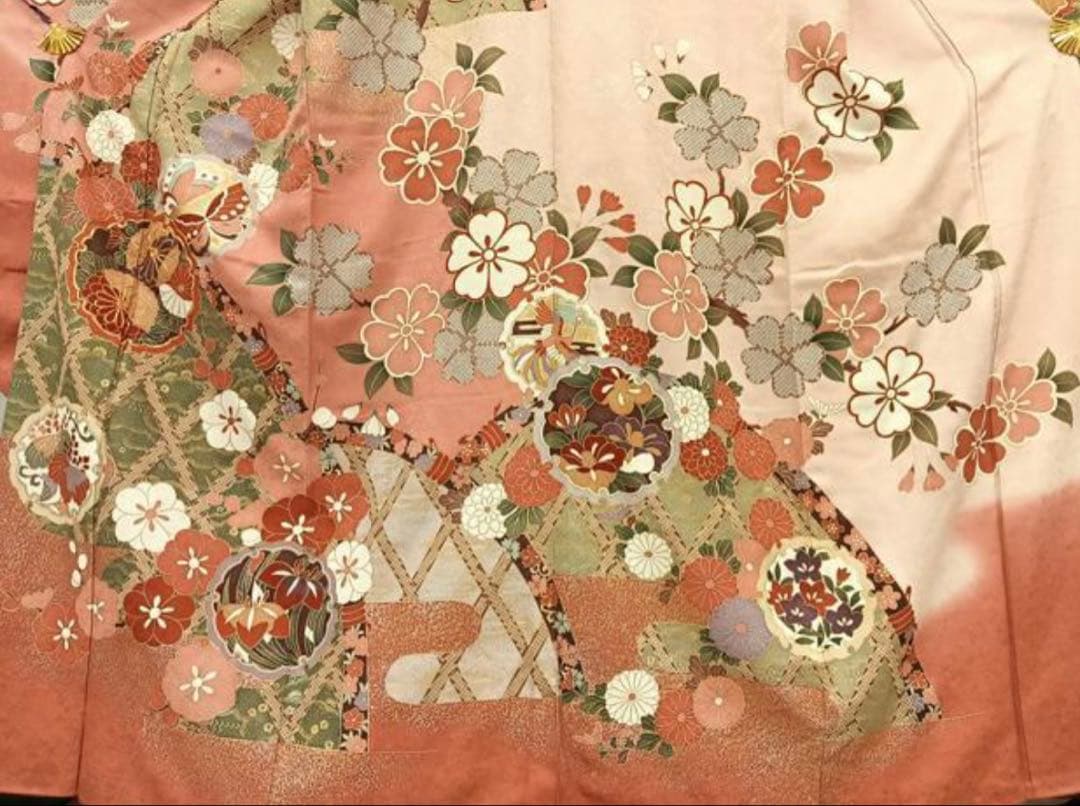 振袖 フルセット6点サイズS〜M 駒刺繍　雪輪花蝶文　金彩　正絹