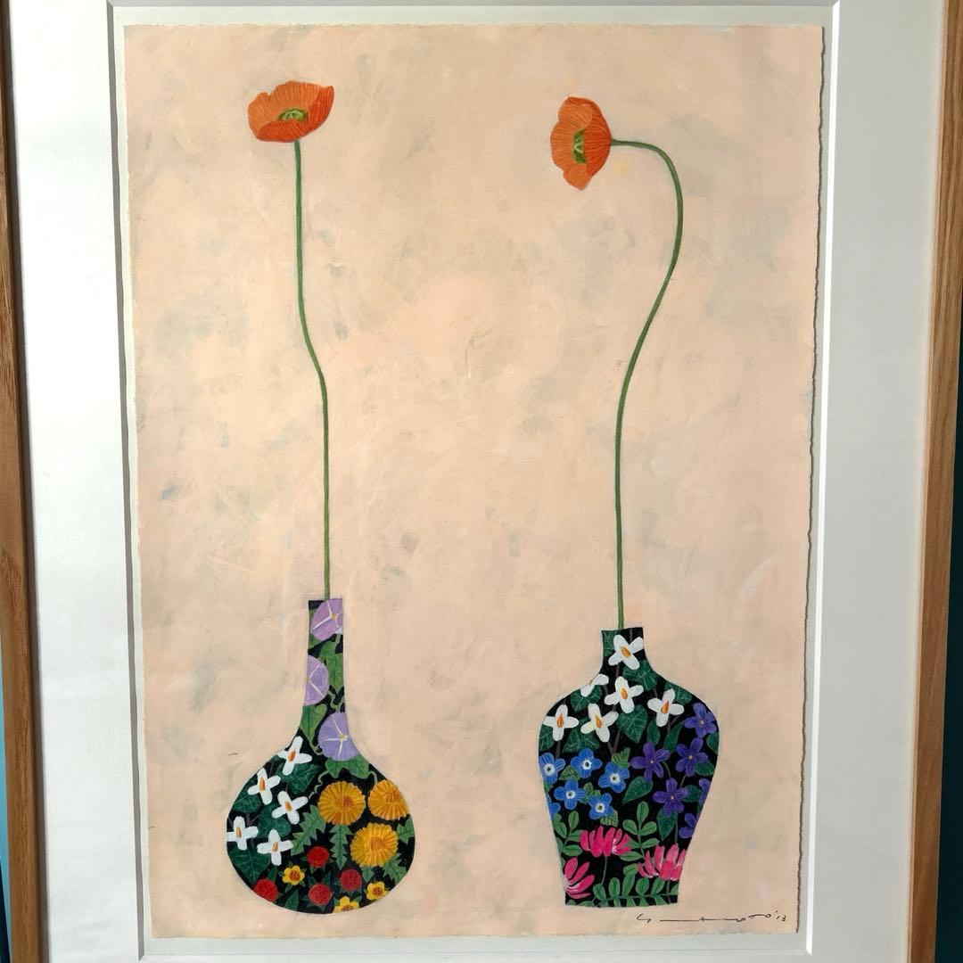 マツモトヨーコ　ドローイング　絵画　「微妙な関係」　ポピーと季節の花ばな