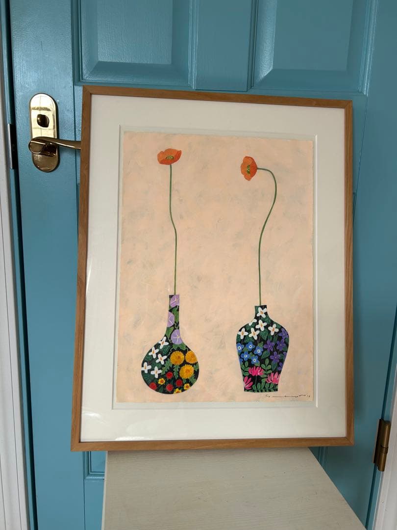 マツモトヨーコ　ドローイング　絵画　「微妙な関係」　ポピーと季節の花ばな