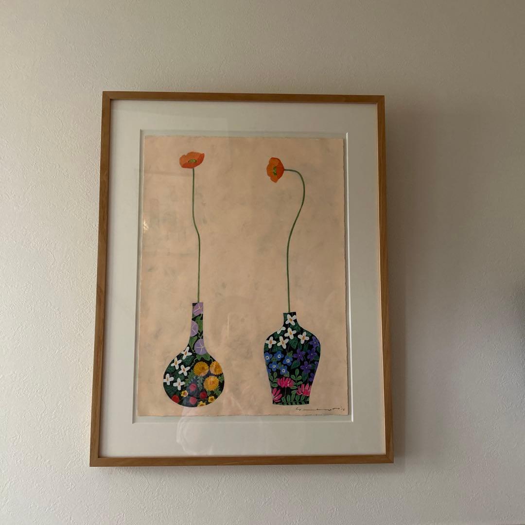 マツモトヨーコ　ドローイング　絵画　「微妙な関係」　ポピーと季節の花ばな