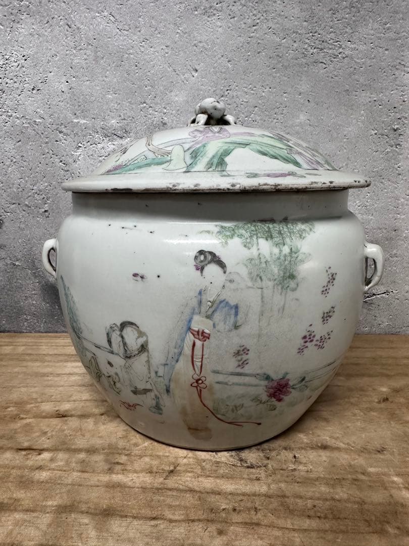 中国美術　粉彩　人物図　漢詩　時代物　アンティーク　古道具　古美術