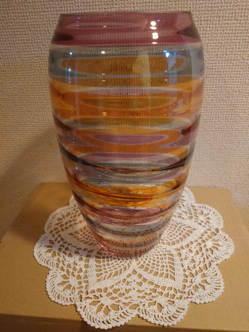 ボヘミア　グラス　レインボー　ボーダー柄　花瓶　チェコ製