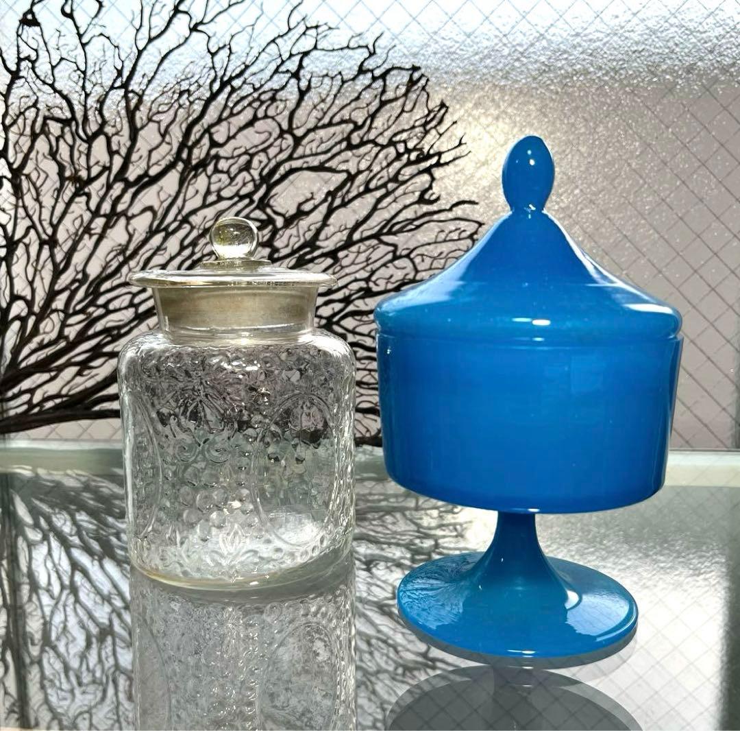 骨董　時代　練りガラス　テント型脚付　グラス型　飴屋瓶　ボンボン入れ　菓子器