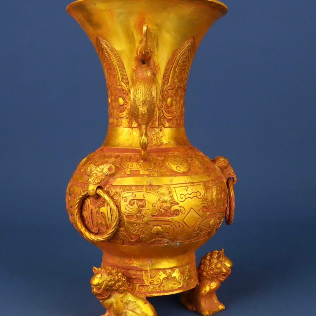 中国古美術 唐物旧蔵 純銅製西周冥紋塗金錯金獅足瓶 極細工 古賞物風水置物 絶品