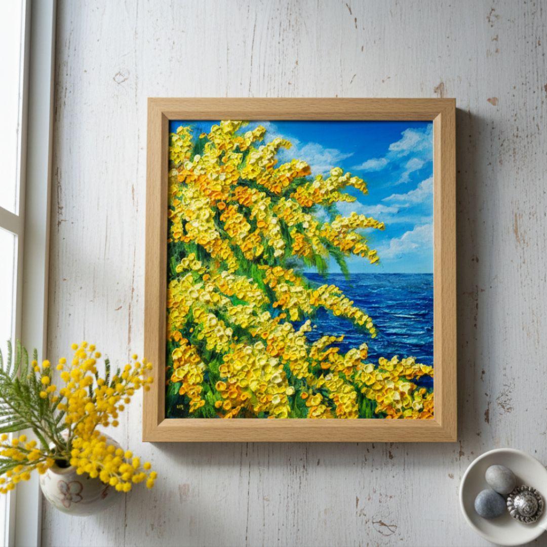 油絵 油彩 油彩画 絵 絵画 【ミモザの海】