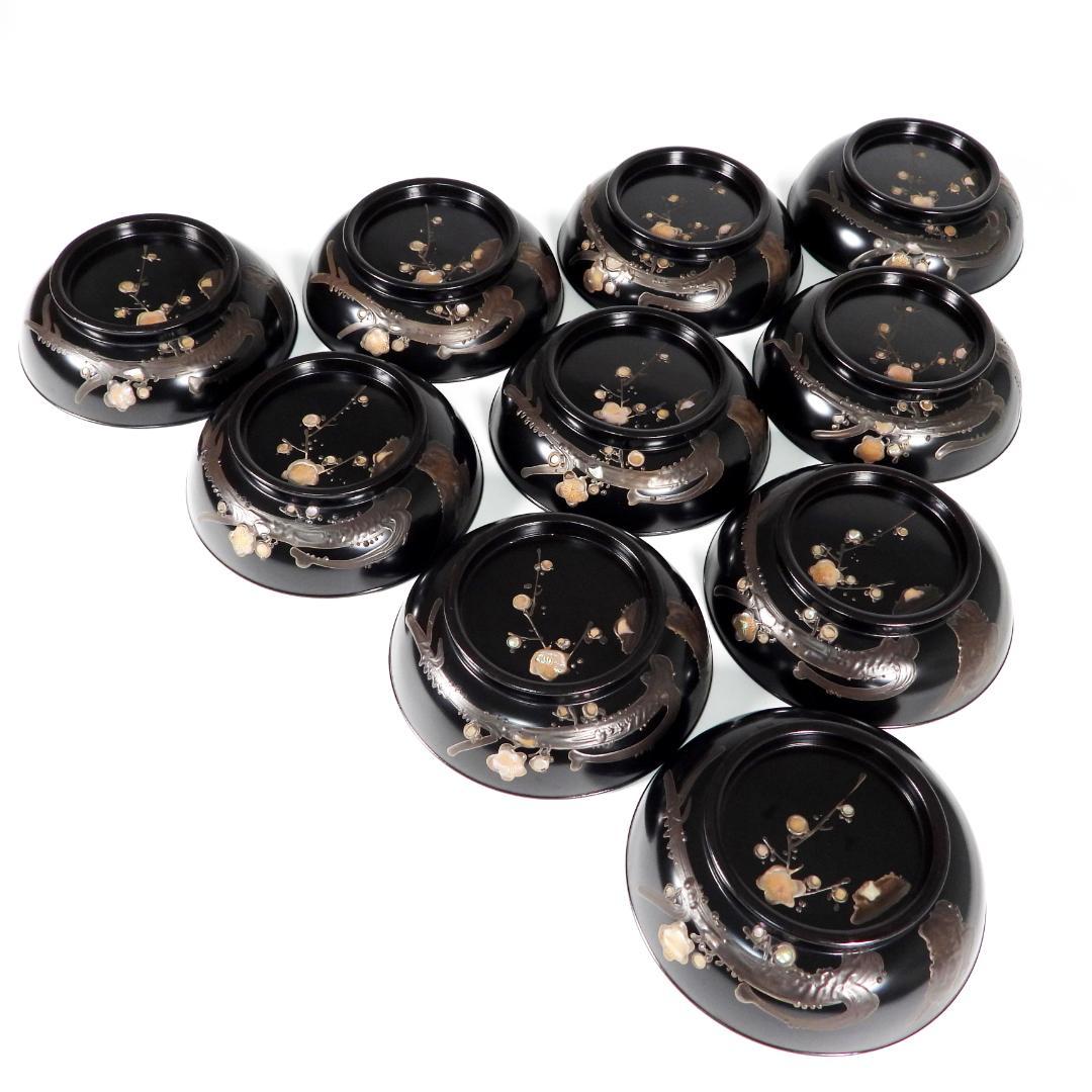 輪島塗　明治大正時期 蒔繪 鑲螺鈿 梅花雕 木製　吸物椀　10客　骨董品