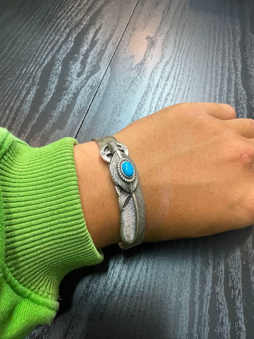 国外買付　シルバー925 刻印ターコイズ フェザー　 バングル