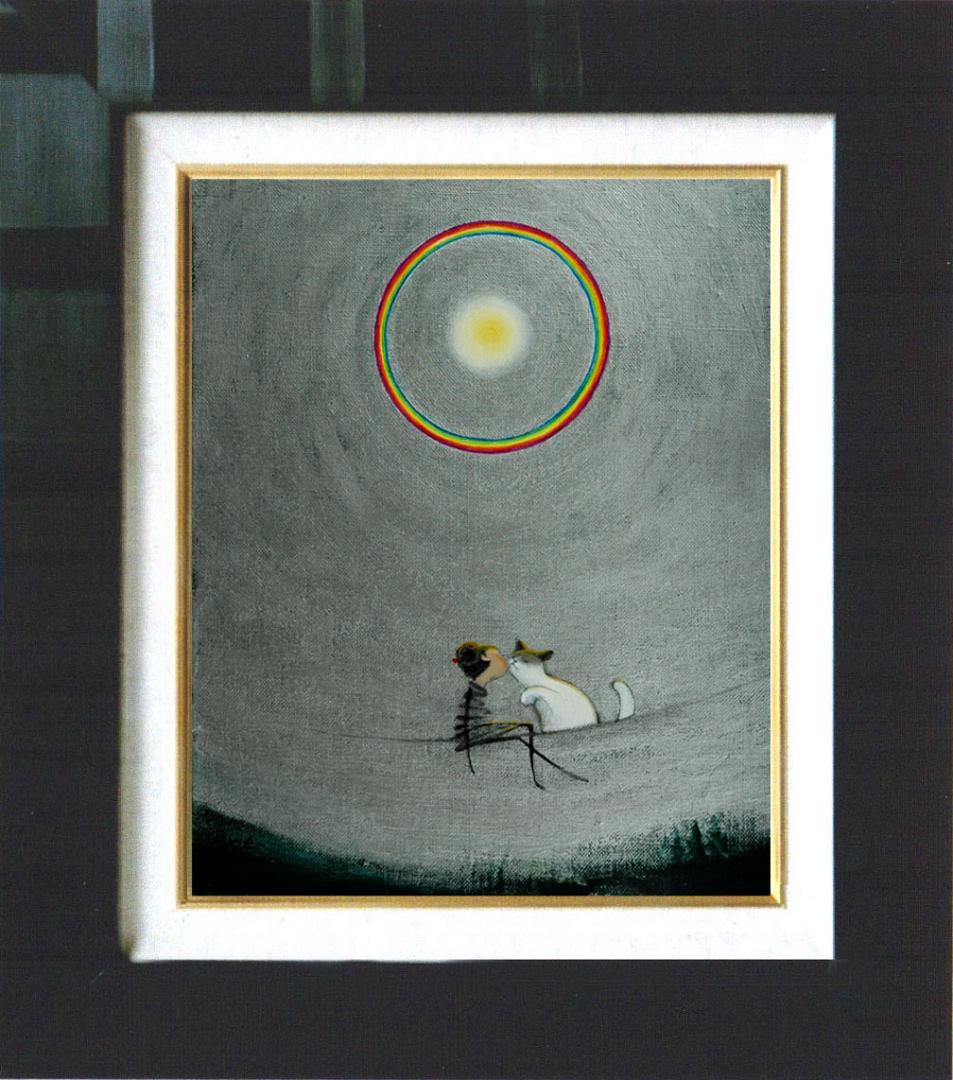 油絵 菅家令子 絵 絵画 インテリア額付(白) F3-031019 子猫と女の子