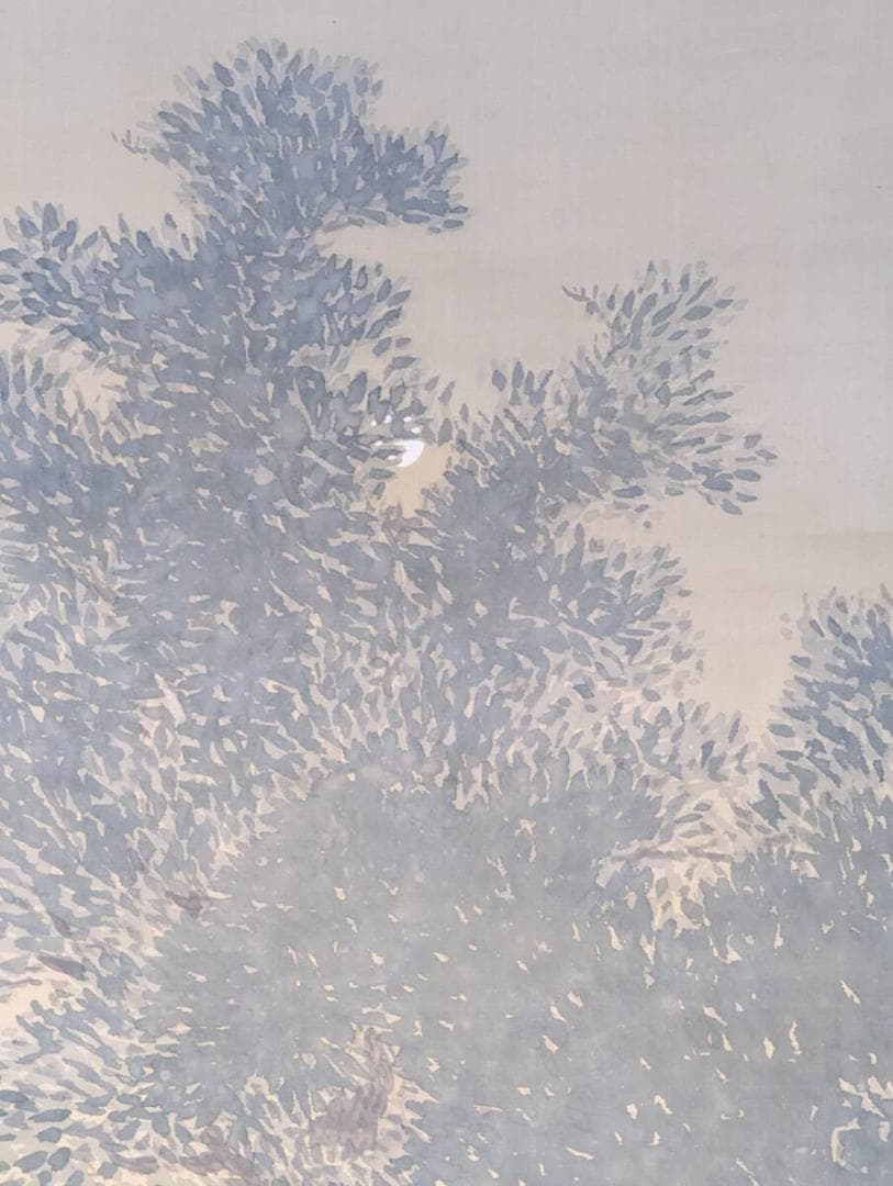 【真作】掛軸　松林風景　近代日本画　木立図　静謐な青緑彩　筆致鮮やか　T86