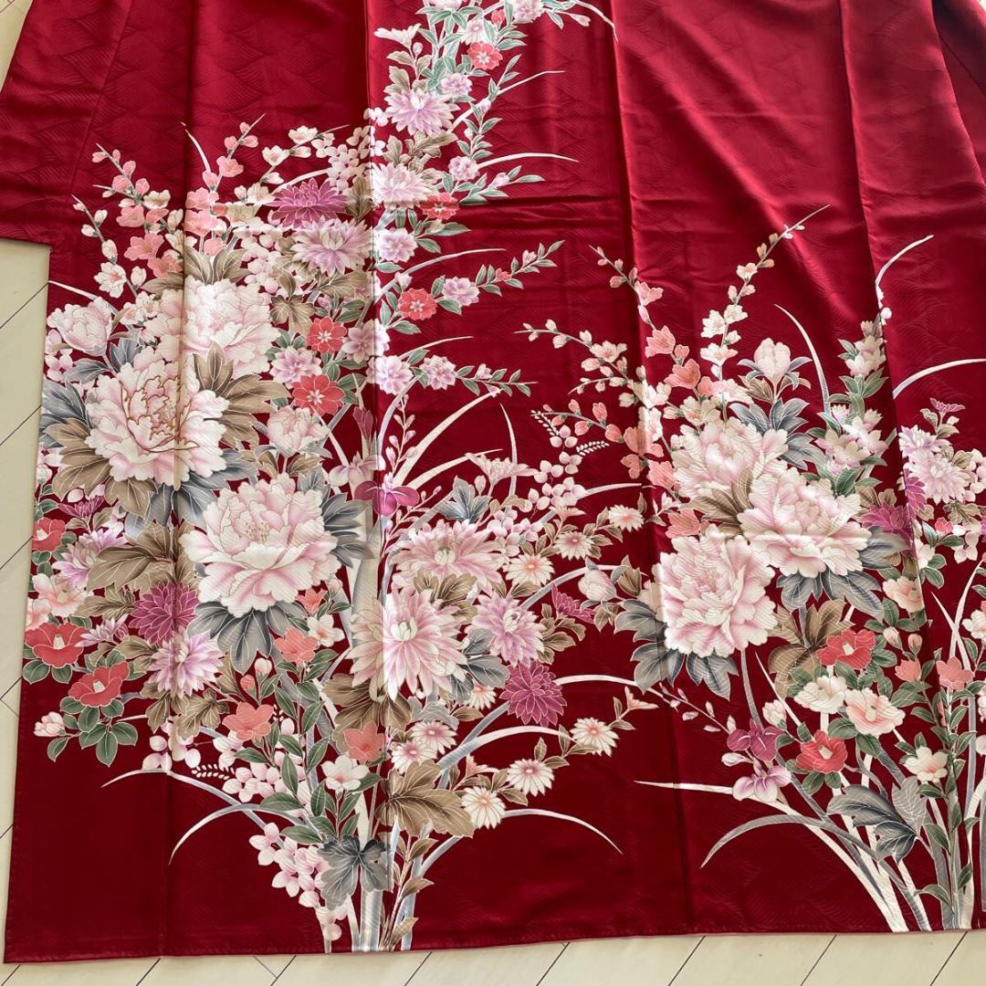 ■E4124■美品■紅海老茶色　花尽くし　京友禅　袷　振袖　丈166 裄68