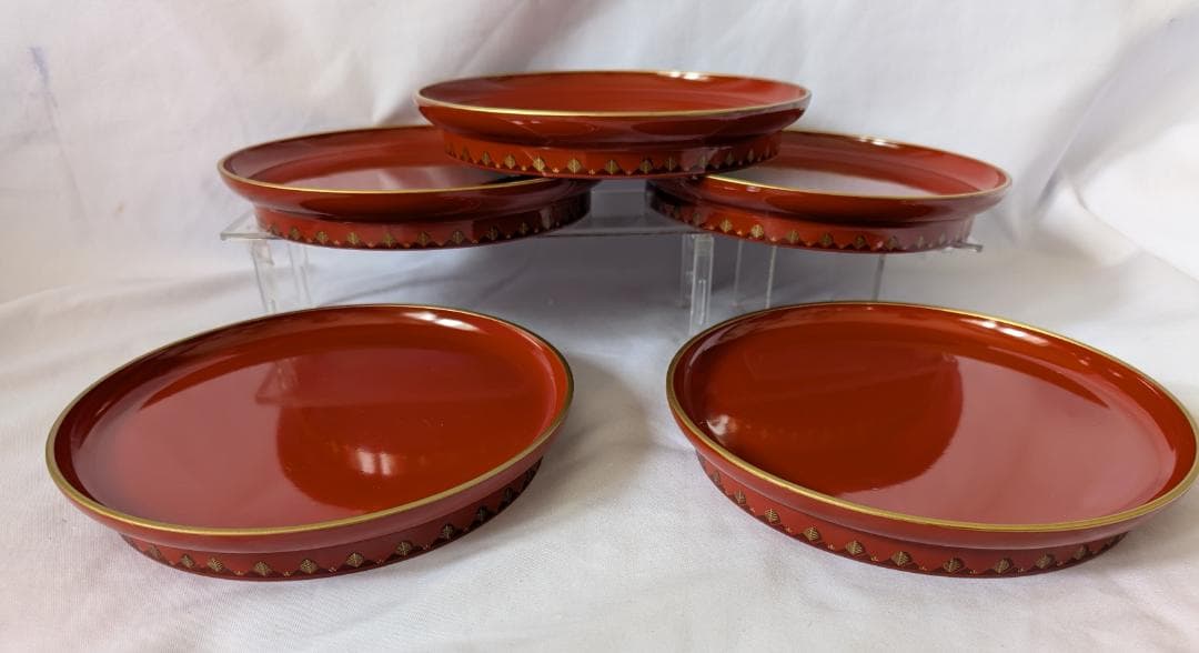 りむりむ　高級山中塗　漆塗宝来シリーズ　天然木　漆器　金彩 7寸 大皿5枚