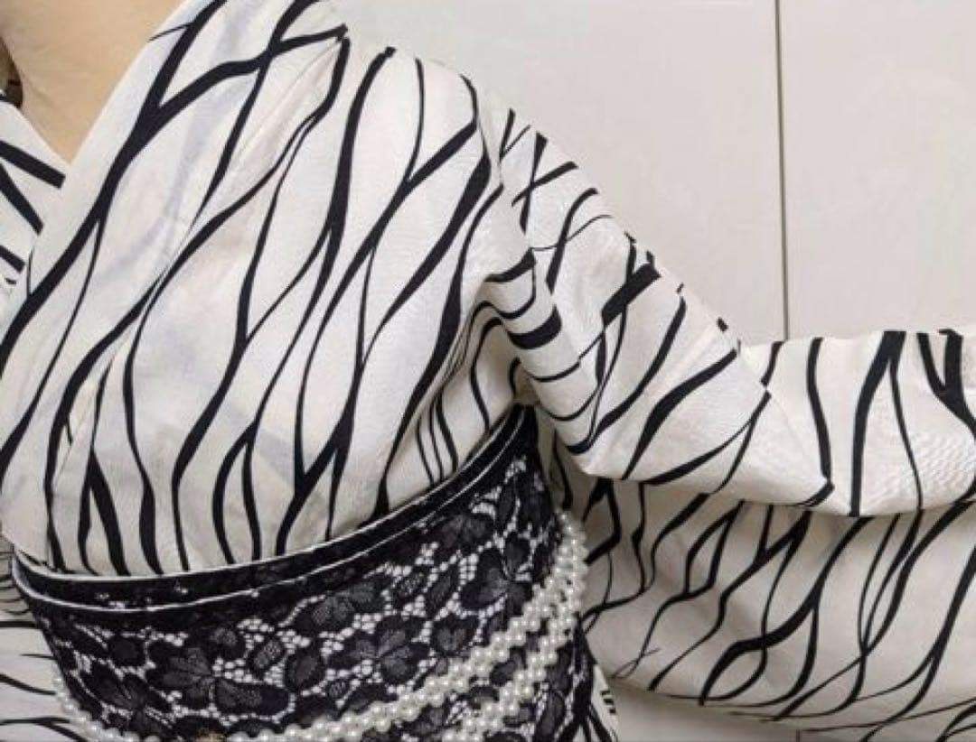 ゆかた Lサイズと、浴衣ようパール帯締めのセット ホワイト✖ブラック