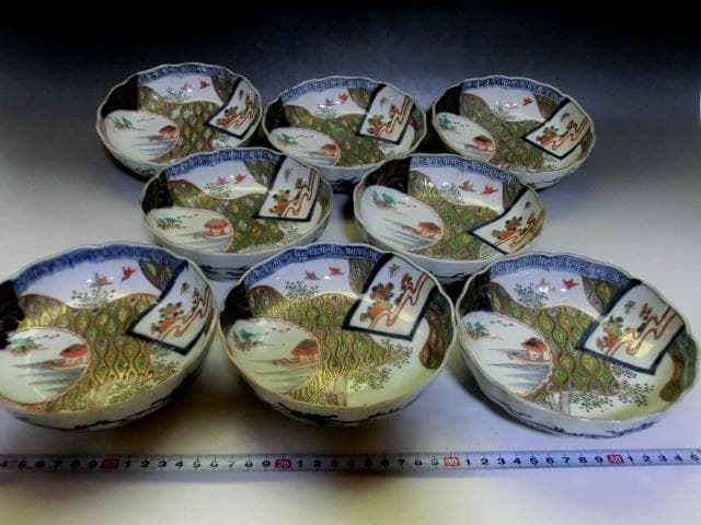 皿■冨貴長春 なます皿 蛇の目高台 窓絵花鳥紋 8客 伊万里古い膾鉢 時代物■