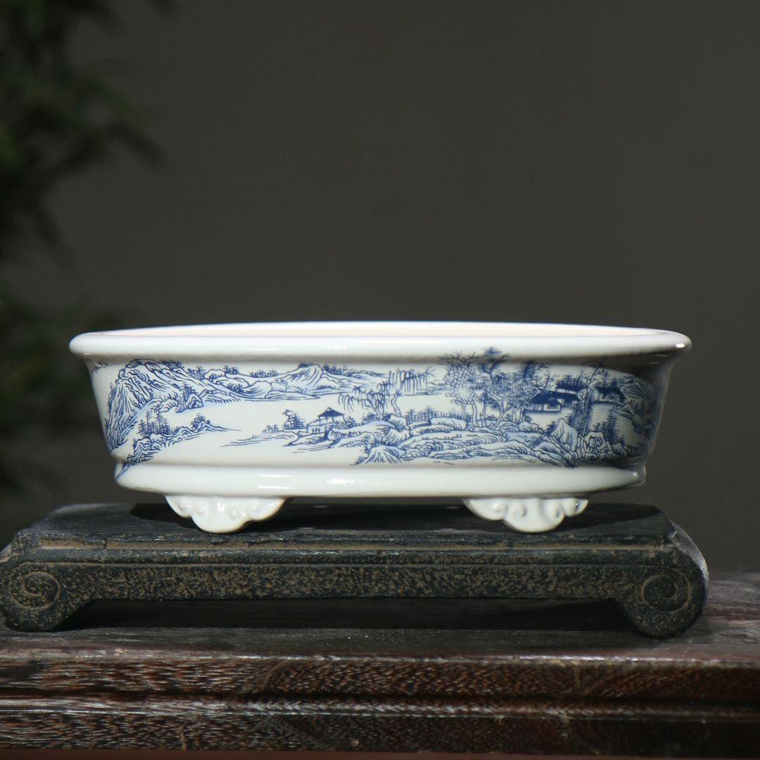 色絵山水陶磁の鉢 盆栽鉢 山野草鉢 多肉植物 植木鉢 小品大品盆栽鉢 陶器鉢置物