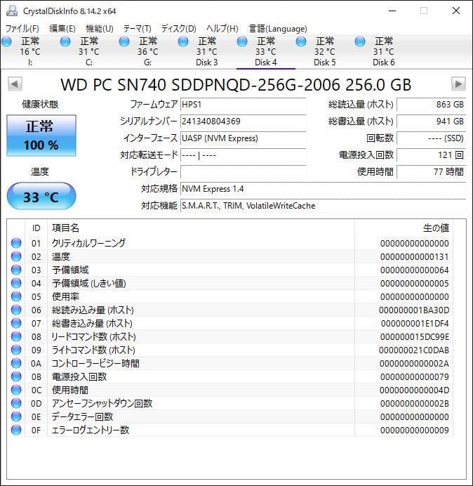 WD SN740 NVMe 256GB M.2 SSD 4枚【使用時間短め】