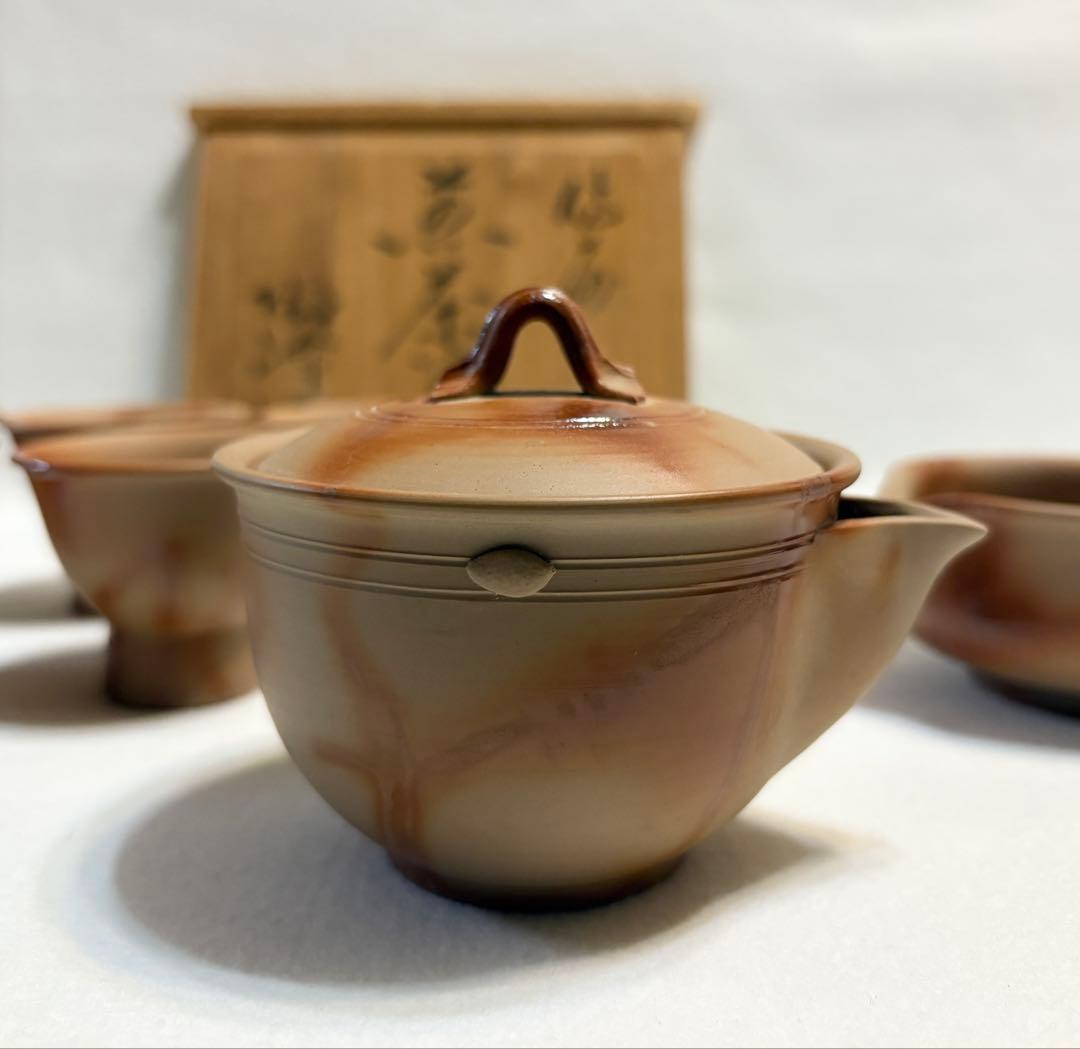 備前焼 木村陶峰 茶器揃 陶芸 煎茶器 宝瓶 湯冷まし 煎茶碗 木箱 共箱