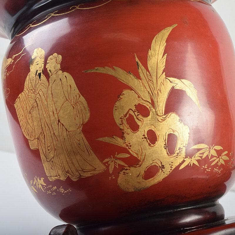 江戸時代　寛政期　朱塗　金蒔絵山水人物文　薄端　時代箱　V　R9446H