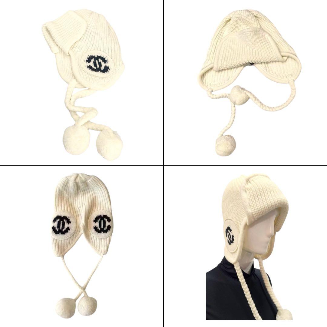 【新品未使用】 CHANEL 耳あて付き ニット帽 ホワイト FREEサイズ